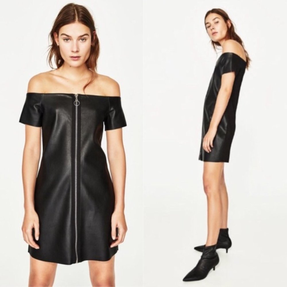 Zara Black Faux Leather Off The Shoulder Dress